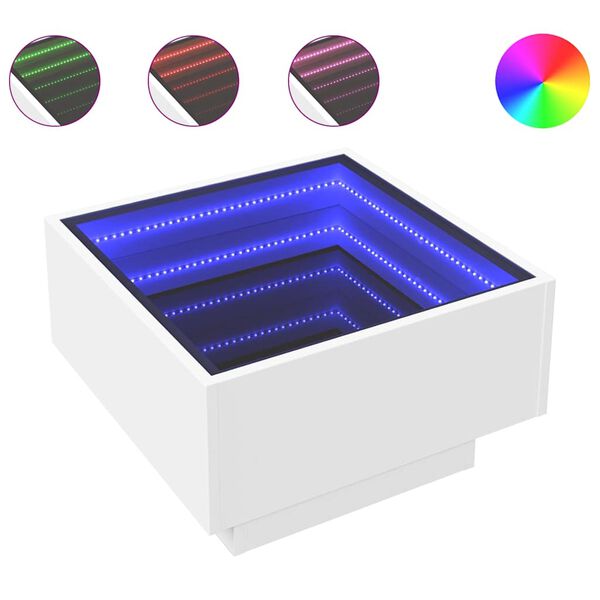 vidaXL kafijas galdiņ&scaron; ar LED, balts, 50x50x30 cm, inženierijas koks