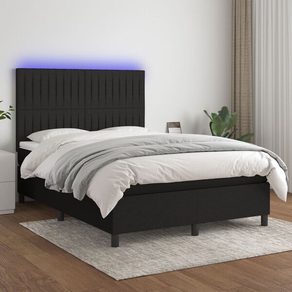 vidaXL atsperu gulta ar matraci, LED, melns audums, 140x190 cm