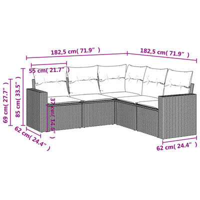 vidaXL 5-daļīgs dārza dīvāna komplekts, matrači, bēša PE rotangpalma
