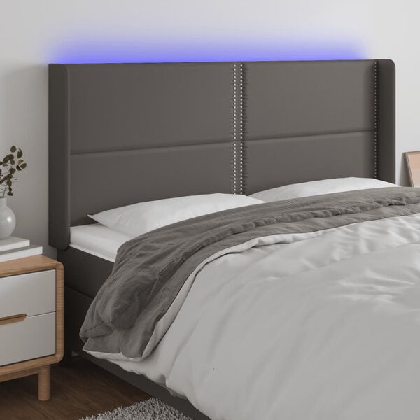 vidaXL gultas galvgalis ar LED, 163x16x118/128 cm, pelēka mākslīgā āda
