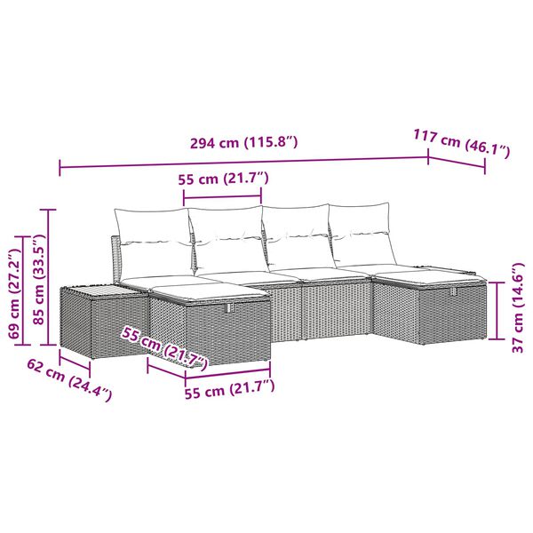 vidaXL Dārza dīvānu komplekts ar spilvenu 6 pcs Melna 55 x 62 x 69 cm