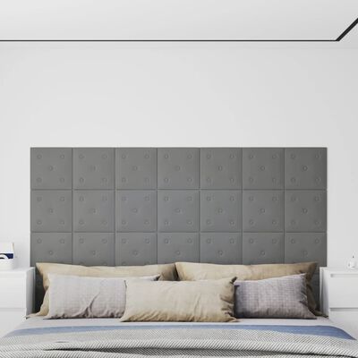 vidaXL sienas paneļi, 12 gab., pelēki, 30x30 cm, mākslīgā āda, 1,08 m²