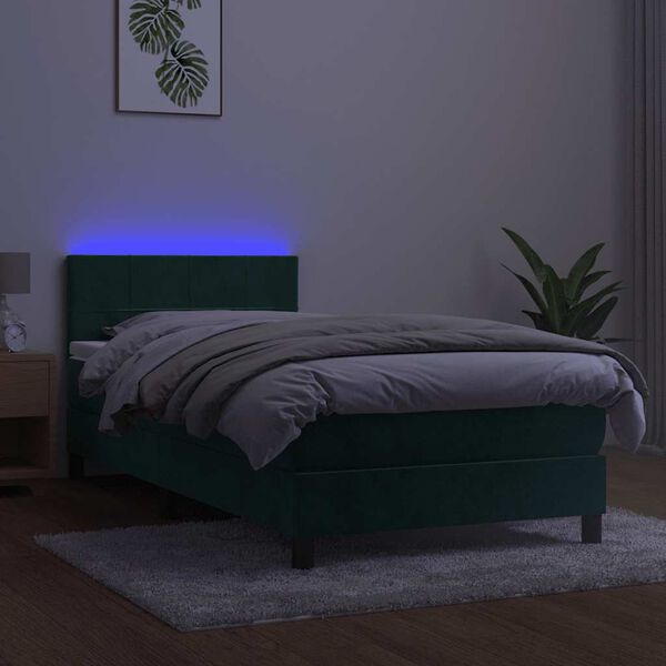 vidaXL atsperu gulta ar matraci, LED, tum&scaron;i zaļ&scaron; samts, 90x190 cm