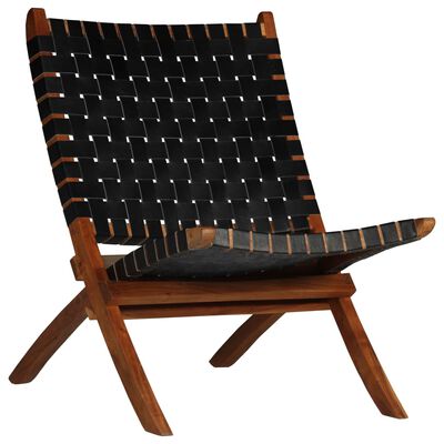 vidaXL saliekams atpūtas krēsls, melna dabīgā āda