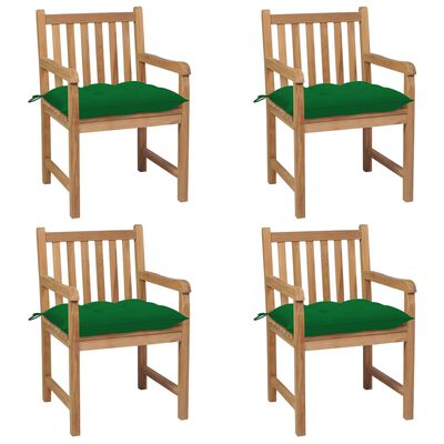 vidaXL dārza krēsli, zaļi matrači, 4 gab., masīvs tīkkoks