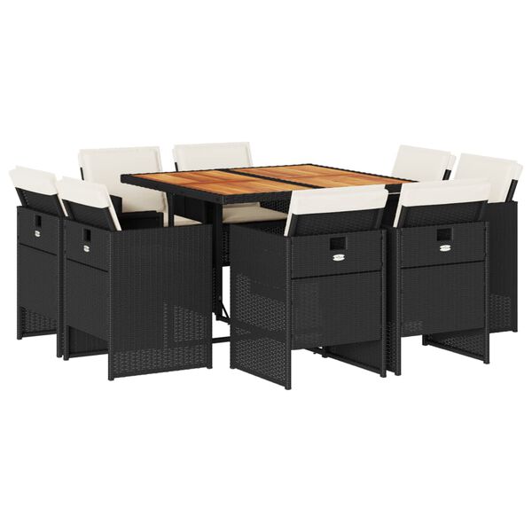 vidaXL 9-daļīgs dārza mēbeļu komplekts, matrači, melns, PE rotangpalma