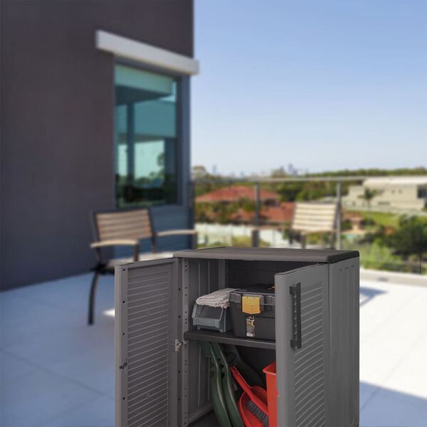 vidaXL dārza uzglabāšanas skapītis, 68x37x84 cm, pelēks un melns, PP