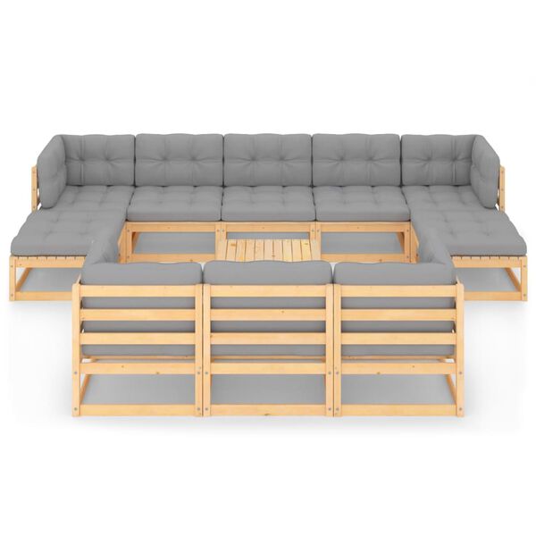 vidaXL 11-daļīgs dārza mēbeļu komplekts ar matračiem, priedes koks