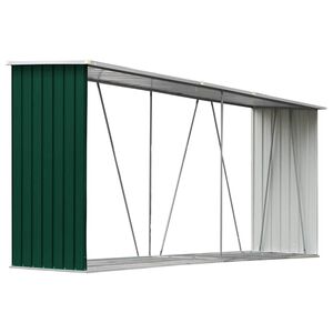 vidaXL malkas nojume, zaļa, cinkots tērauds, 330x84x152 cm
