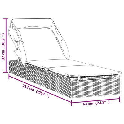 vidaXL sauļošanās gulta ar saliekamu jumtu, melna PE rotangpalma
