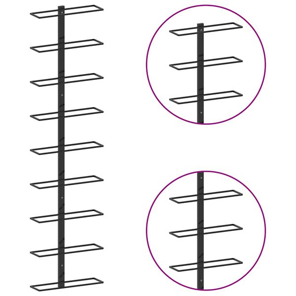vidaXL sienas vīna pudeļu plaukts 9 pudelēm, melna dzelzs