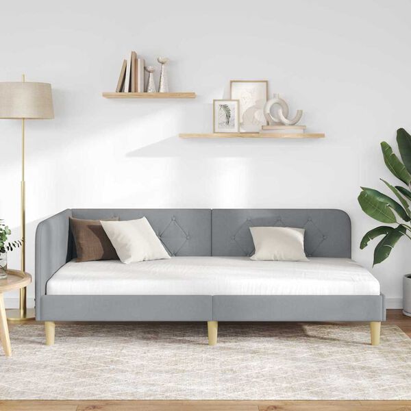 vidaXL Stūra gultas rāmis Gai&scaron;i pelēks 90 x 200 cm audums