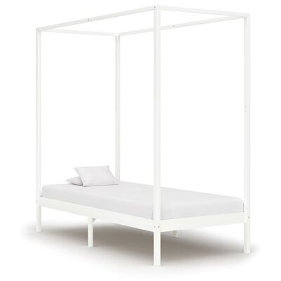 vidaXL gultas rāmis ar nojumi, balts, 90x200 cm, priedes masīvkoks