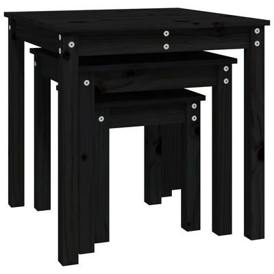 vidaXL galdiņi, 3 gab., melna, sabīdāmi, priedes masīvkoks