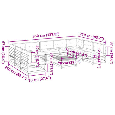 vidaXL 10-daļīgs dārza dīvāna komplekts ar matračiem impregnēta priede