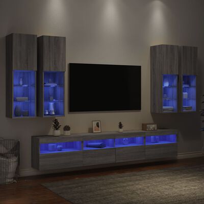 vidaXL TV sienas skapīši ar LED, 7 gab., pelēka ozola