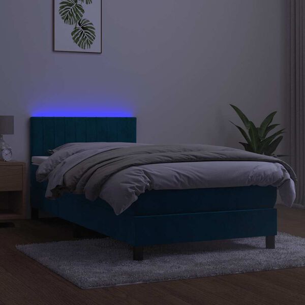 vidaXL atsperu gulta ar matraci, LED, tum&scaron;i zils samts, 90x190 cm