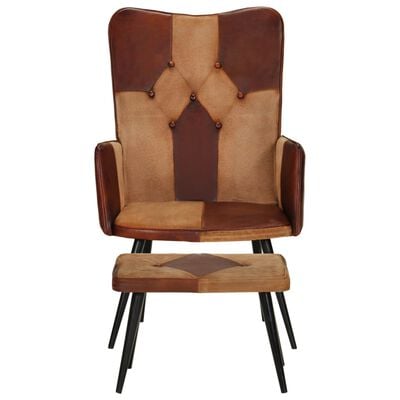 vidaXL atpūtas krēsls ar kājsoliņu, brūna dabīgā āda un audums
