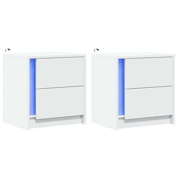 vidaXL naktsskapī&scaron;i ar LED lampām, 2 gab., balti, inženierijas koks