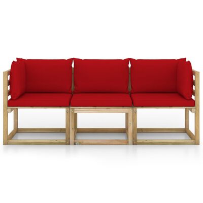vidaXL 3-vietīgs dārza dīvāns ar sarkaniem matračiem