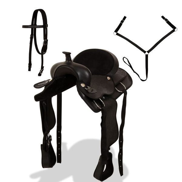 vidaXL segli, iemaukti un krūšu siksna, 15", melna dabīgā āda