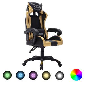 vidaXL biroja krēsls, RGB LED gaismas, zelta un melna mākslīgā āda