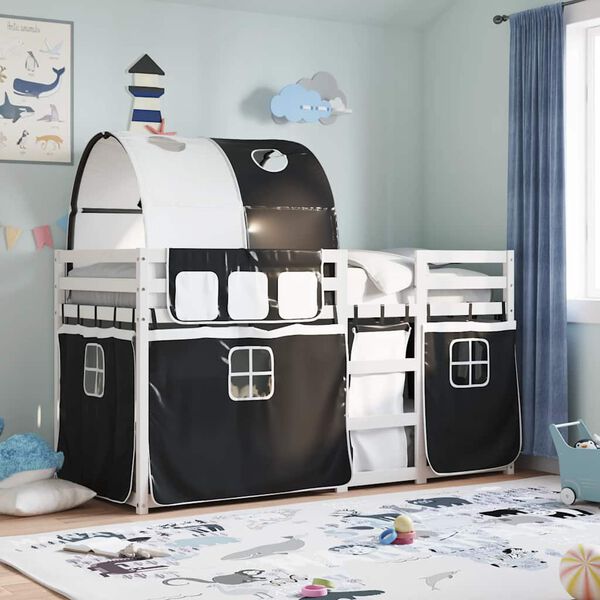 vidaXL gulta ar aizkariem, melnbalta, 90x200 cm, priedes masīvkoks