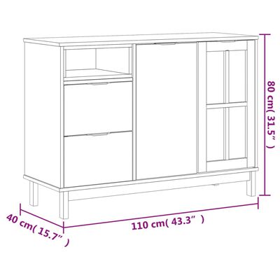 vidaXL kumode ar stikla durvīm FLAM, 110x40x80 cm, priede