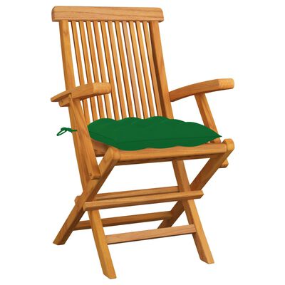 vidaXL dārza krēsli, zaļi matrači, 3 gab., masīvs tīkkoks