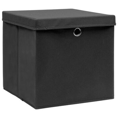 vidaXL uzglabāšanas kastes ar vāku, 4 gab., melnas, 32x32x32 cm