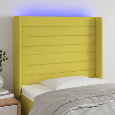 vidaXL gultas galvgalis ar LED, 103x16x118/128 cm, zaļš audums