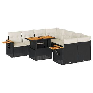 vidaXL 9-daļīgs dārza dīvāna komplekts, matrači, melna PE rotangpalma
