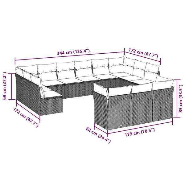 vidaXL 13-daļīgs dārza dīvāna komplekts ar matračiem, pelēka PE pinums