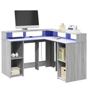 vidaXL rakstāmgalds, LED, pelēks, 130x130x91 cm, inženierijas koks