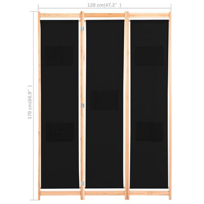 vidaXL 3-paneļu istabas aizslietnis, 120x170x4 cm, melns audums