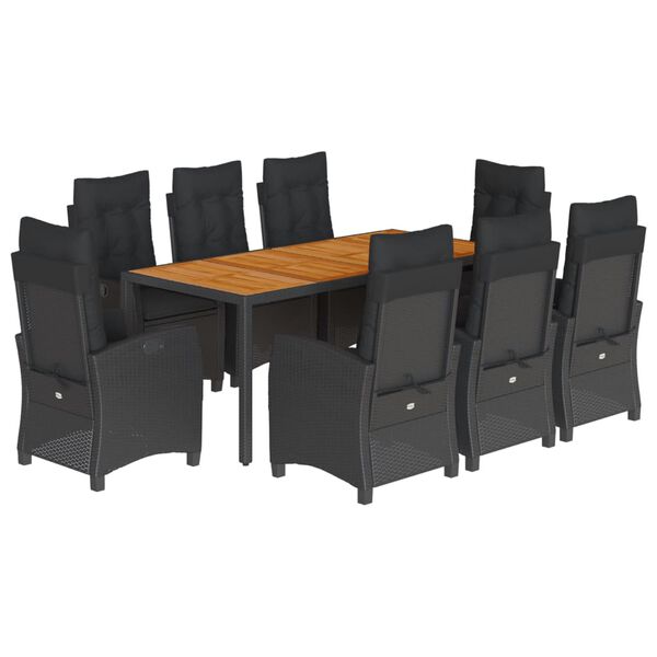 vidaXL 9-daļīgs dārza mēbeļu komplekts, matrači, melns, PE rotangpalma