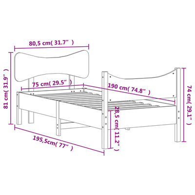 vidaXL gultas rāmis ar galvgali, balts, 75x190 cm, priedes masīvkoks