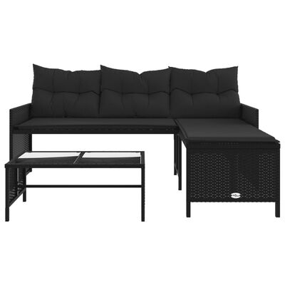 vidaXL dārza dīvāns ar galdiņu un spilveniem, melna PE rotangpalma