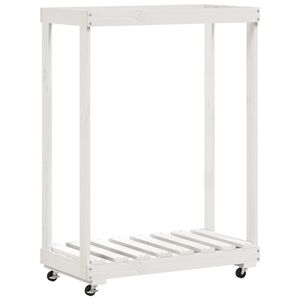 vidaXL malkas statīvs ar riteņiem, balts, 76,5x40x108 cm, priedes koks