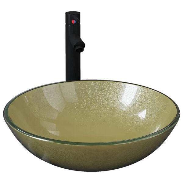 vidaXL vannasistabas izlietne ar krānu un noteku, zelta krāsas stikls