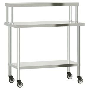 vidaXL virtuves darba galds ar plauktu, 110x55x120 cm, tērauds