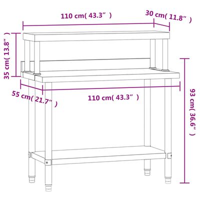 vidaXL virtuves darba galds ar plauktu, 110x55x120 cm, tērauds