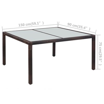 vidaXL dārza galds, 150x90x75 cm, brūna PE rotangpalma, stikls