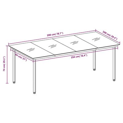 vidaXL dārza galds, melns, 200x100x74 cm, tērauds un stikls
