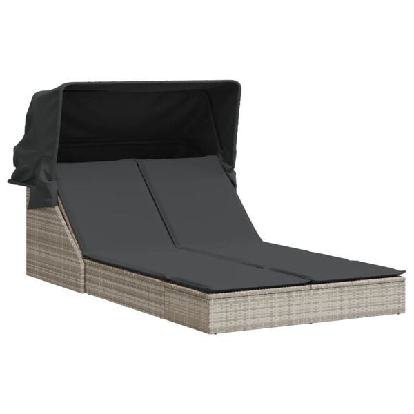 vidaXL divvietīgs sauļo&scaron;anās krēsls ar jumtiņu, gai&scaron;i pelēka PE pinums