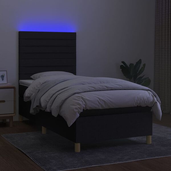 vidaXL atsperu gulta ar matraci, LED, melns audums, 90x190 cm