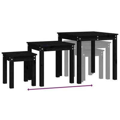 vidaXL galdiņi, 3 gab., melna, sabīdāmi, priedes masīvkoks
