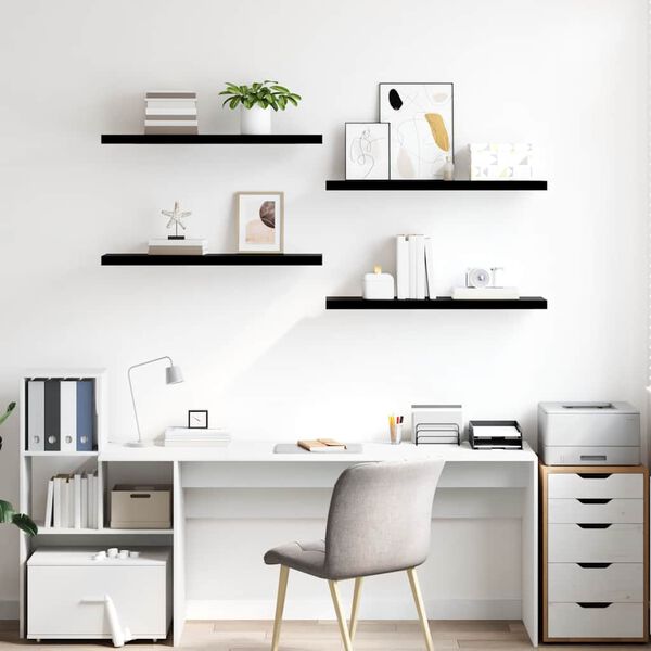 vidaXL sienas plaukti, 4 gab., spīdīgi melni, 90x23,5x3,8 cm, MDF