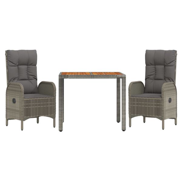 vidaXL 3-daļīgs dārza mēbeļu komplekts, matrači, pelēka PE rotangpalma