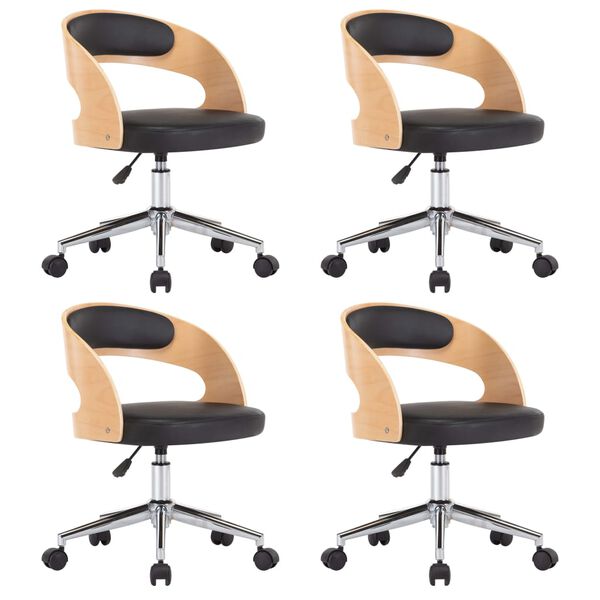 vidaXL grozāmi virtuves krēsli, 4 gb., liekts koks, melna mākslīgā āda